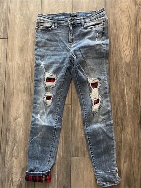 Distressed Blue Women’s Jeans with Red Plaid Backing
